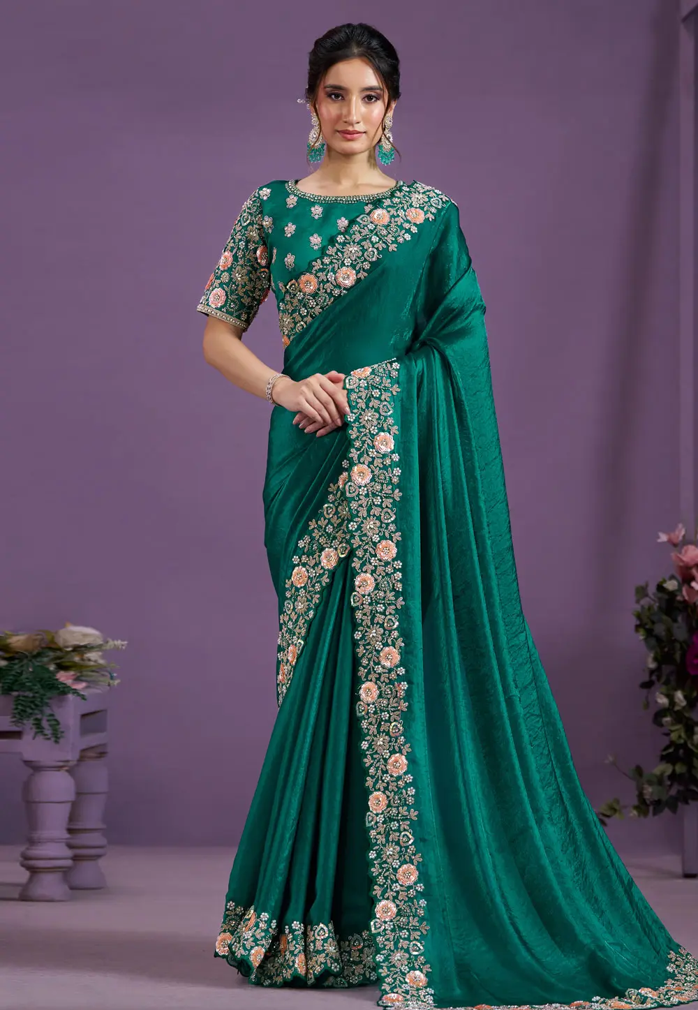 Teal Satin Silk Saree With Blouse 298527