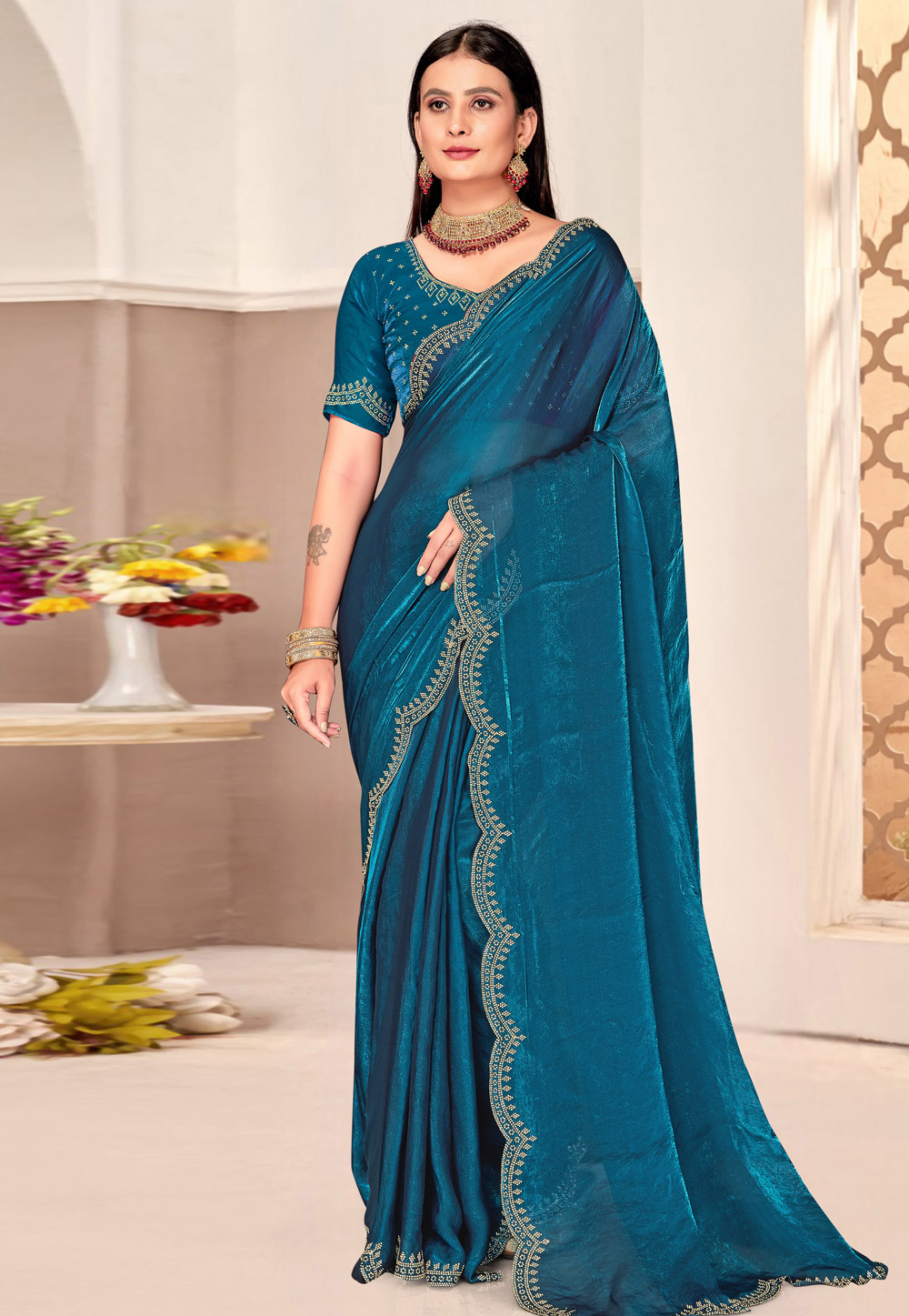 Teal Satin Silk Saree With Blouse 311028