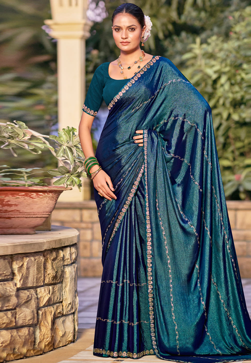 Teal Shimmer Chiffon Saree With Blouse 309793
