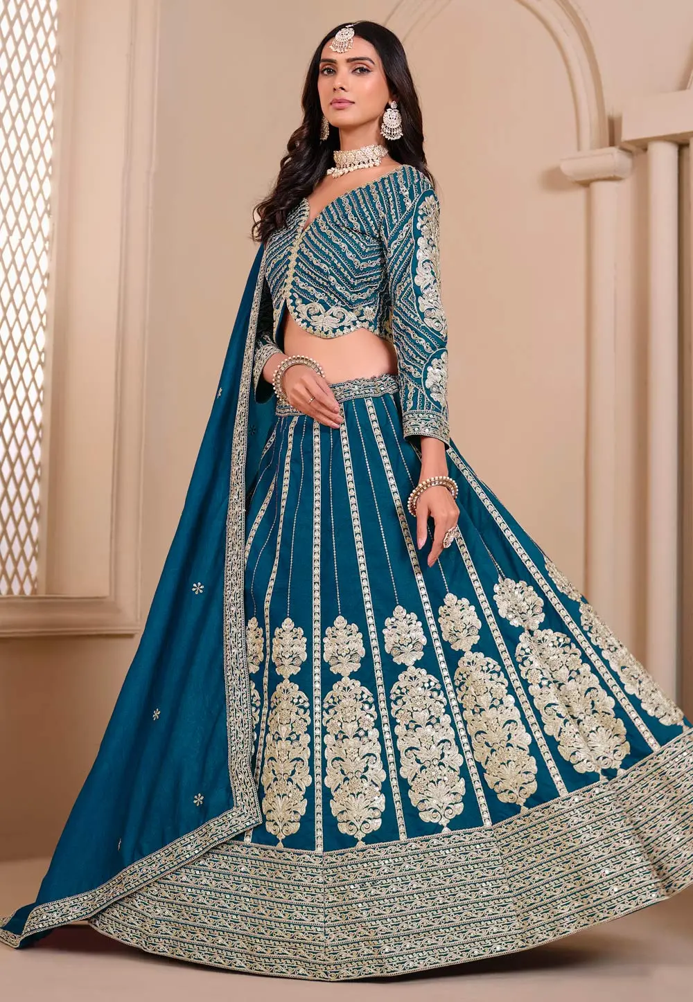 Teal Shimmer Circular Lehenga Choli 302382