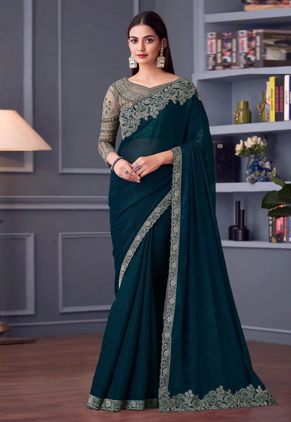 Teal Shimmer Georgette Saree With Blouse 296341