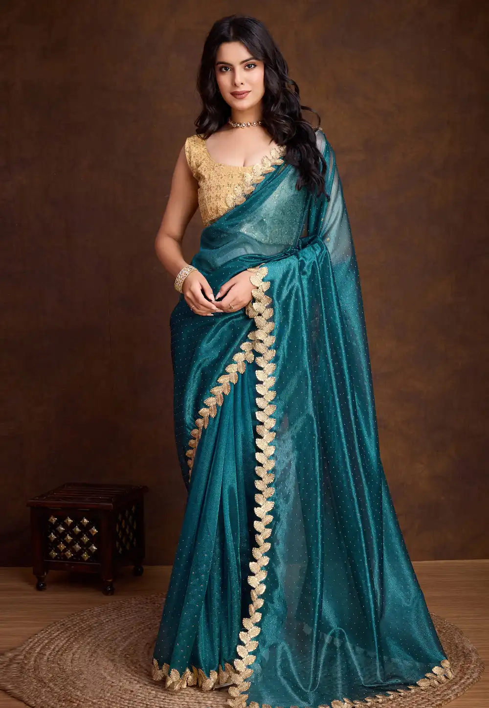 Teal Shimmer Net Saree With Blouse 294793