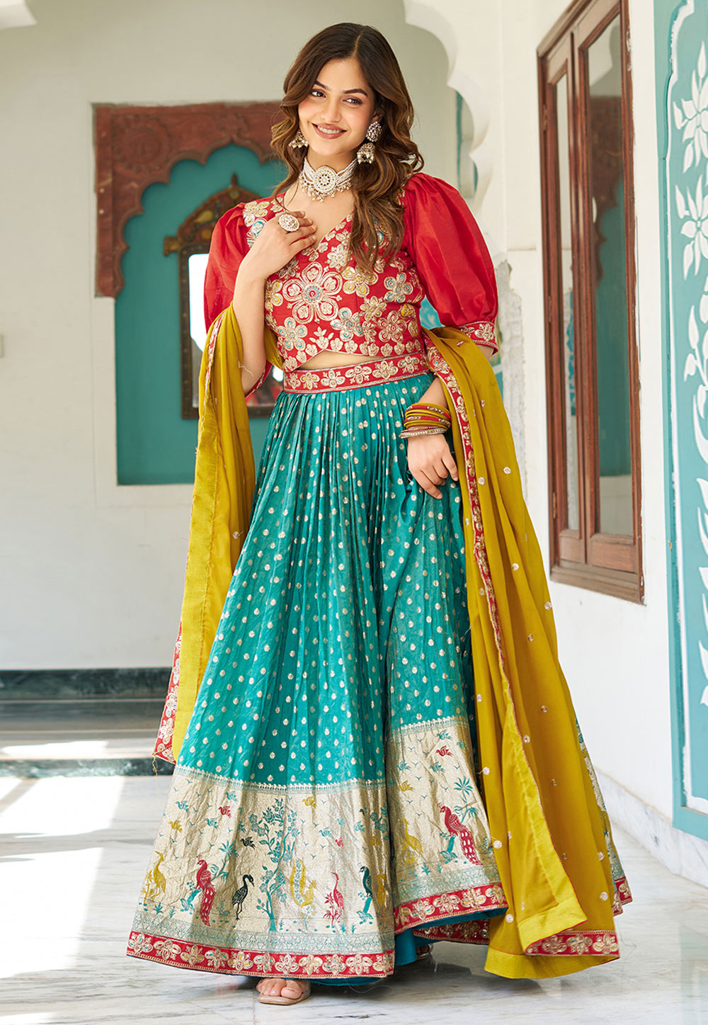 Teal Shimmer Readymade Circular Lehenga Choli 310778