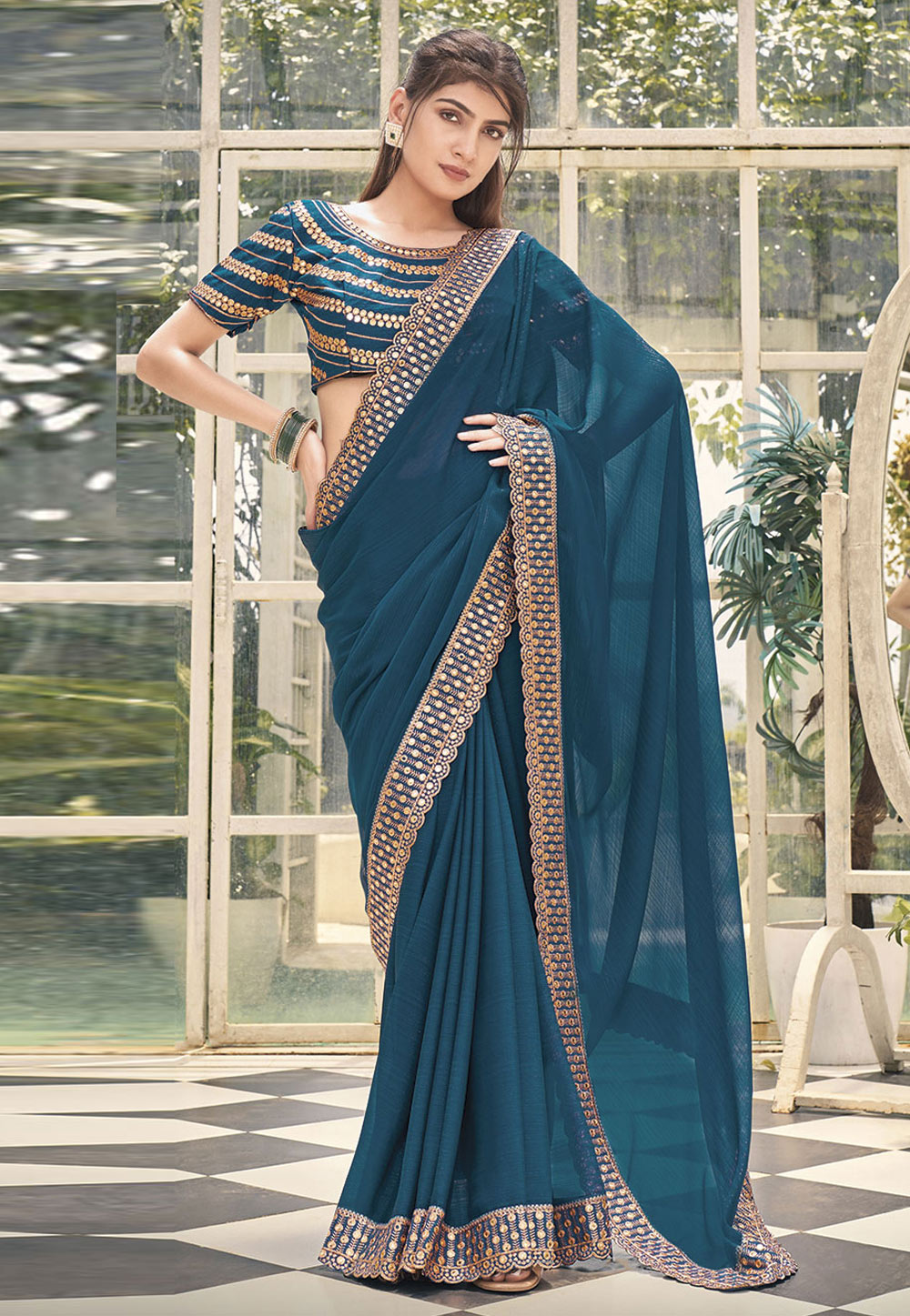 Teal Shimmer Saree With Blouse 279836