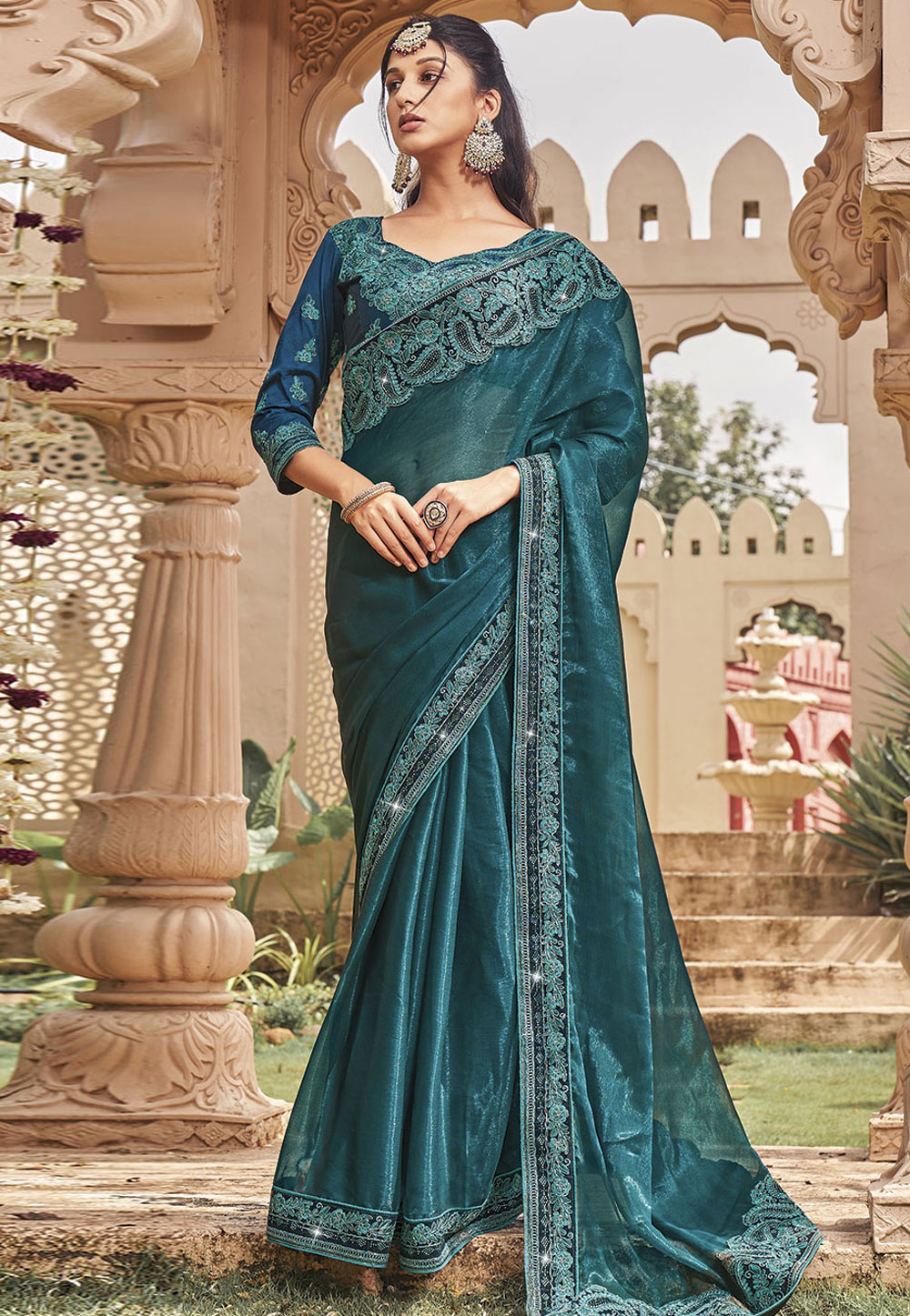 Teal Shimmer Saree With Blouse 279897