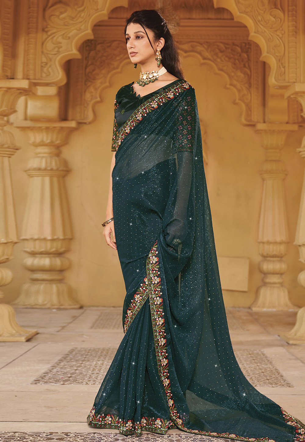 Teal Shimmer Saree With Blouse 279935