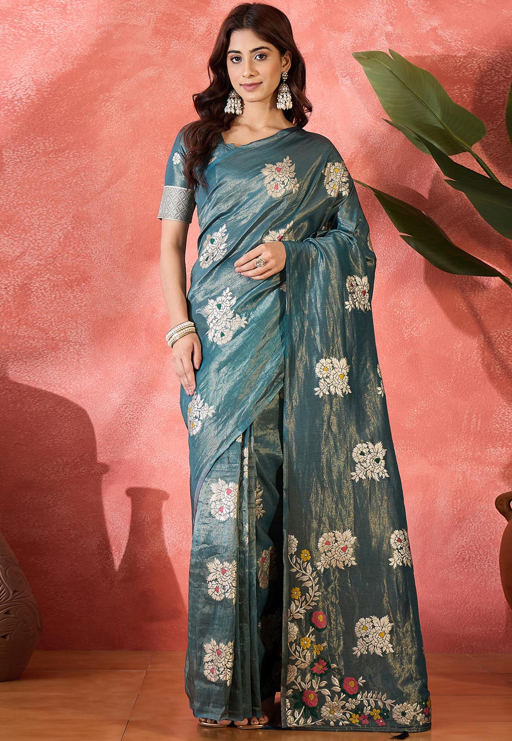 Teal Shimmer Saree With Blouse 310678