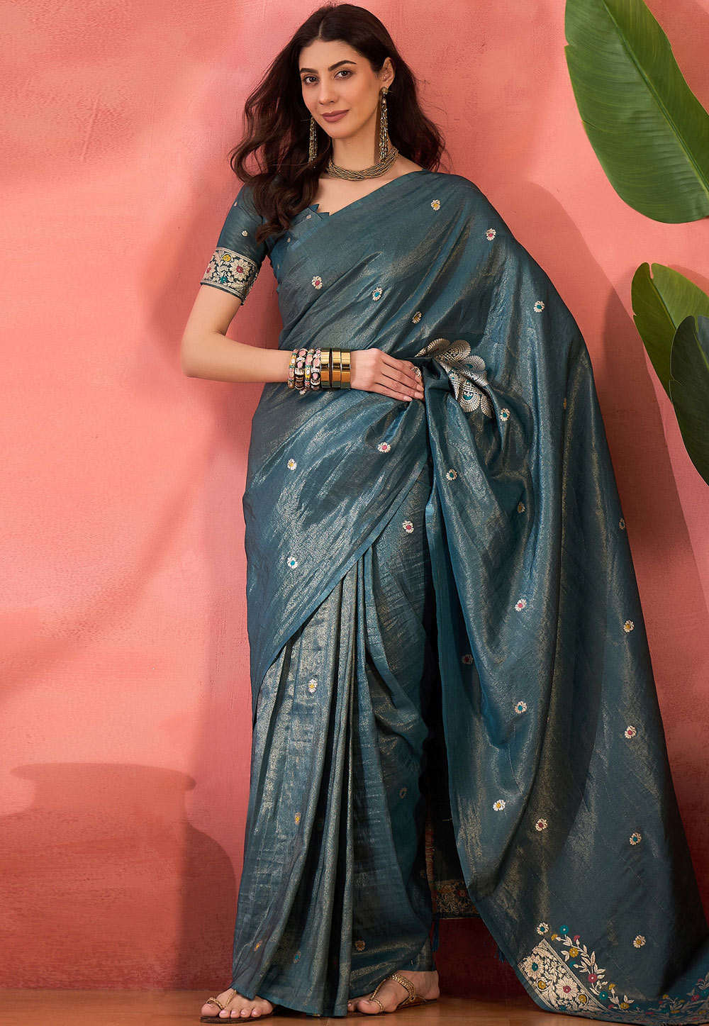 Teal Shimmer Saree With Blouse 310831