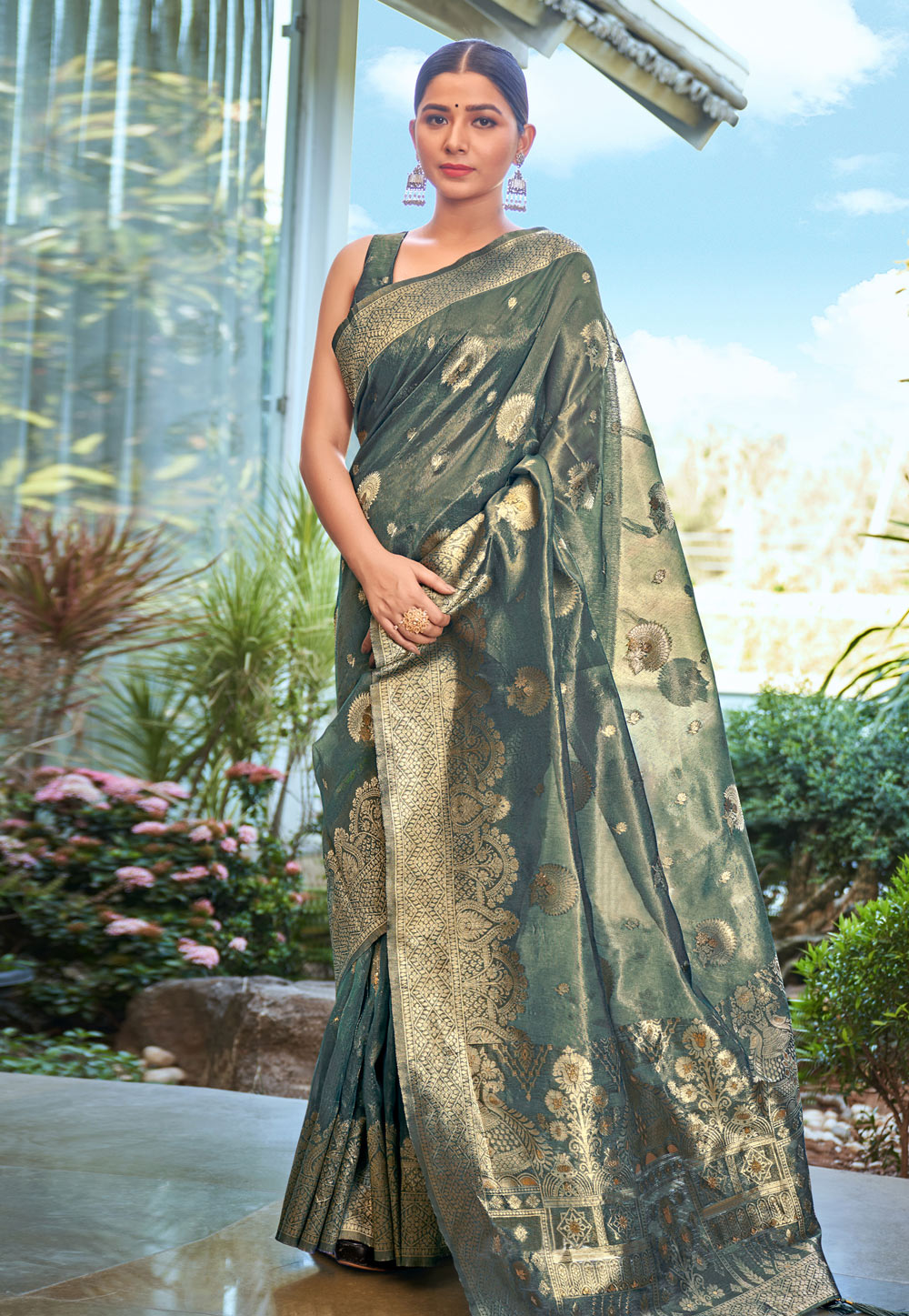 Teal Shimmer Saree With Blouse 287517