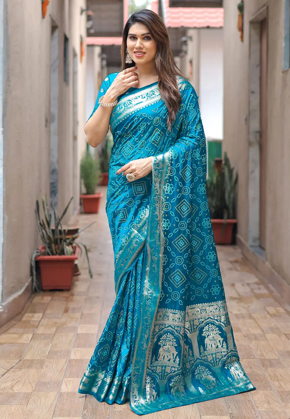 Teal Silk Bandhani Print Saree 289966