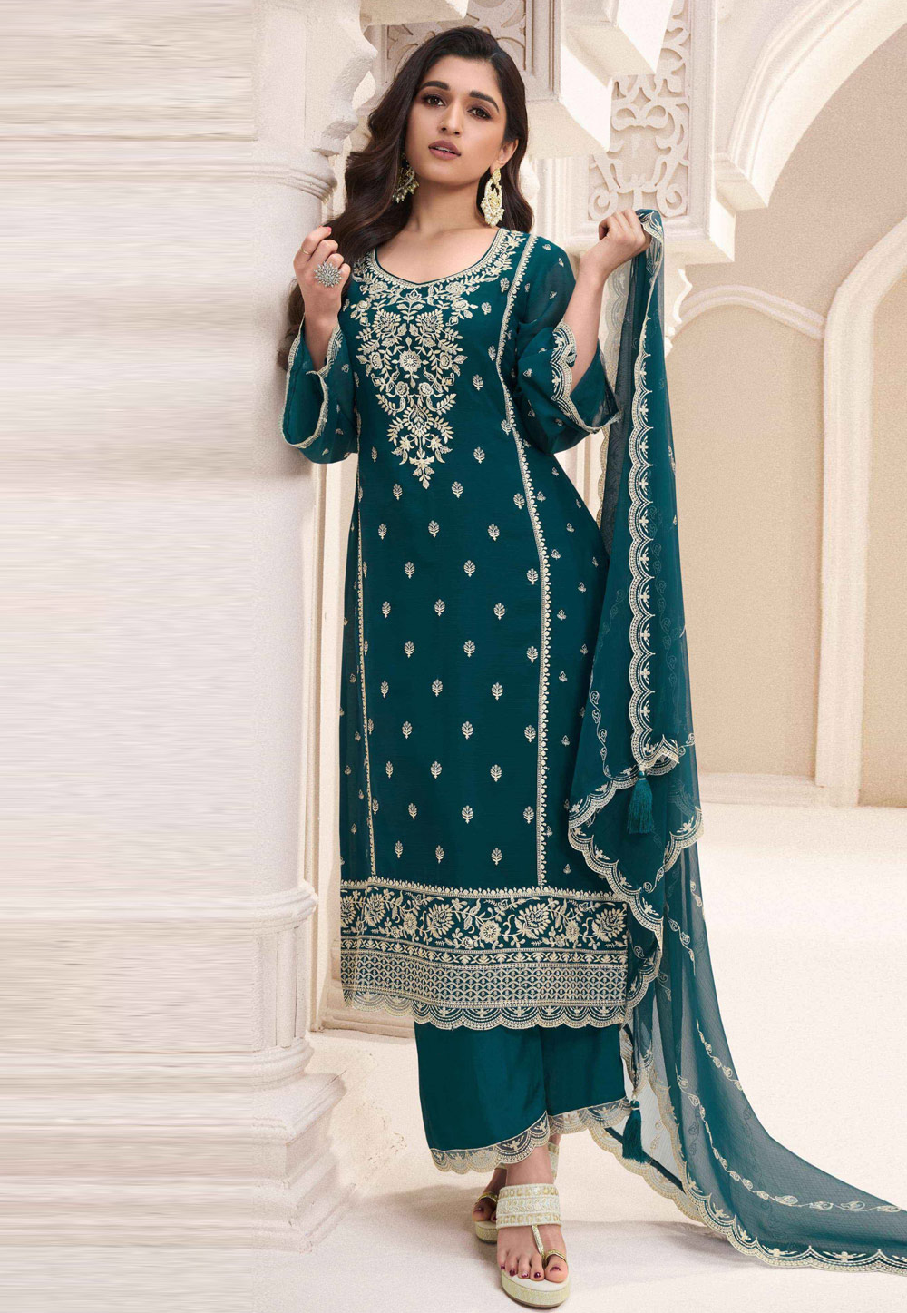 Teal Silk Chiffon Pakistani Suit 306875