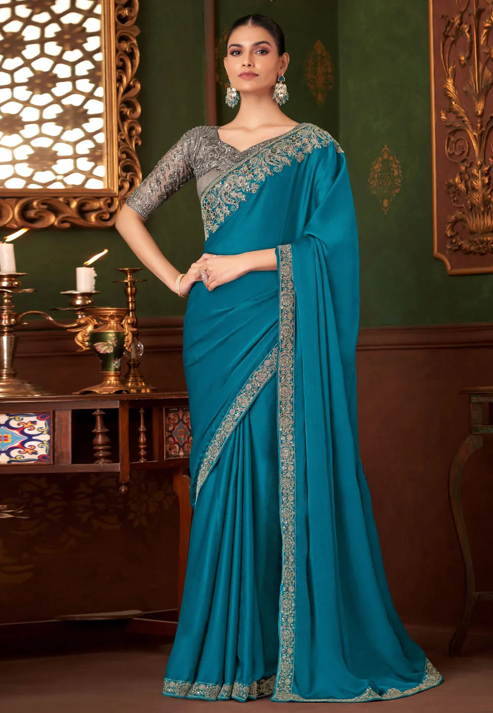 Teal Silk Chiffon Saree With Blouse 301107