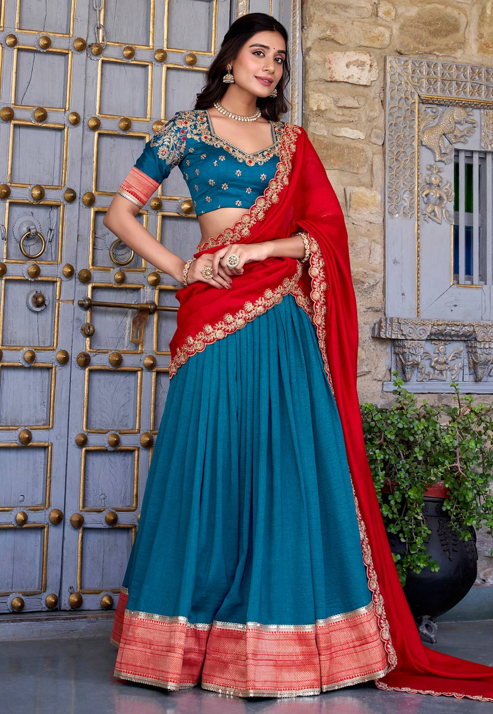 Teal Silk Circular Lehenga Choli 311088