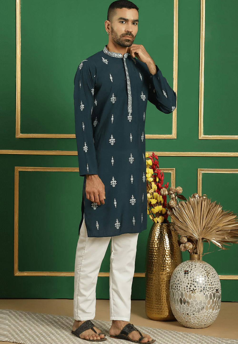 Teal Silk Cotton Kurta Pajama 287623