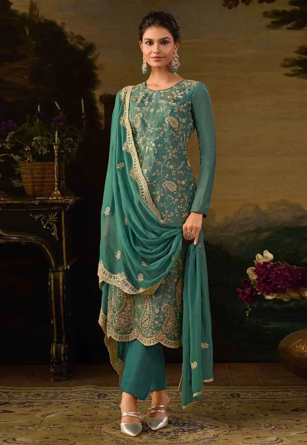 Teal Silk Embroidered Pakistani Suit 294423