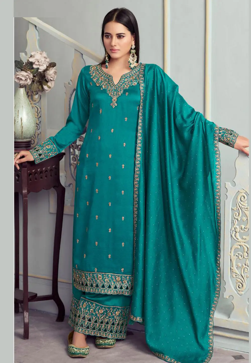 Teal Silk Georgette Pakistani Suit 301091