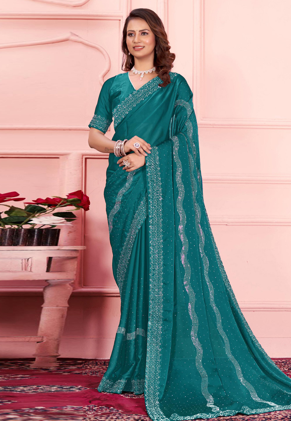 Teal Silk Georgette Saree With Blouse 285088