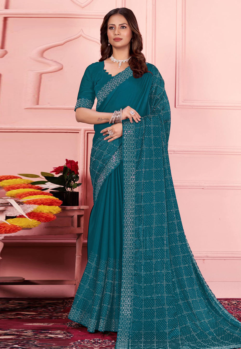 Teal Silk Georgette Saree With Blouse 285092