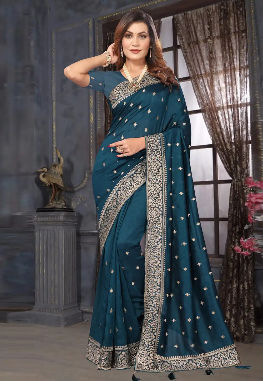 Teal Silk Georgette Saree With Blouse 292017