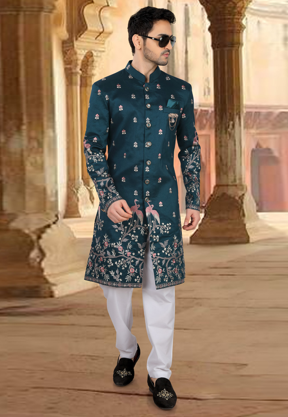 Teal Silk Indo Western Sherwani 309091