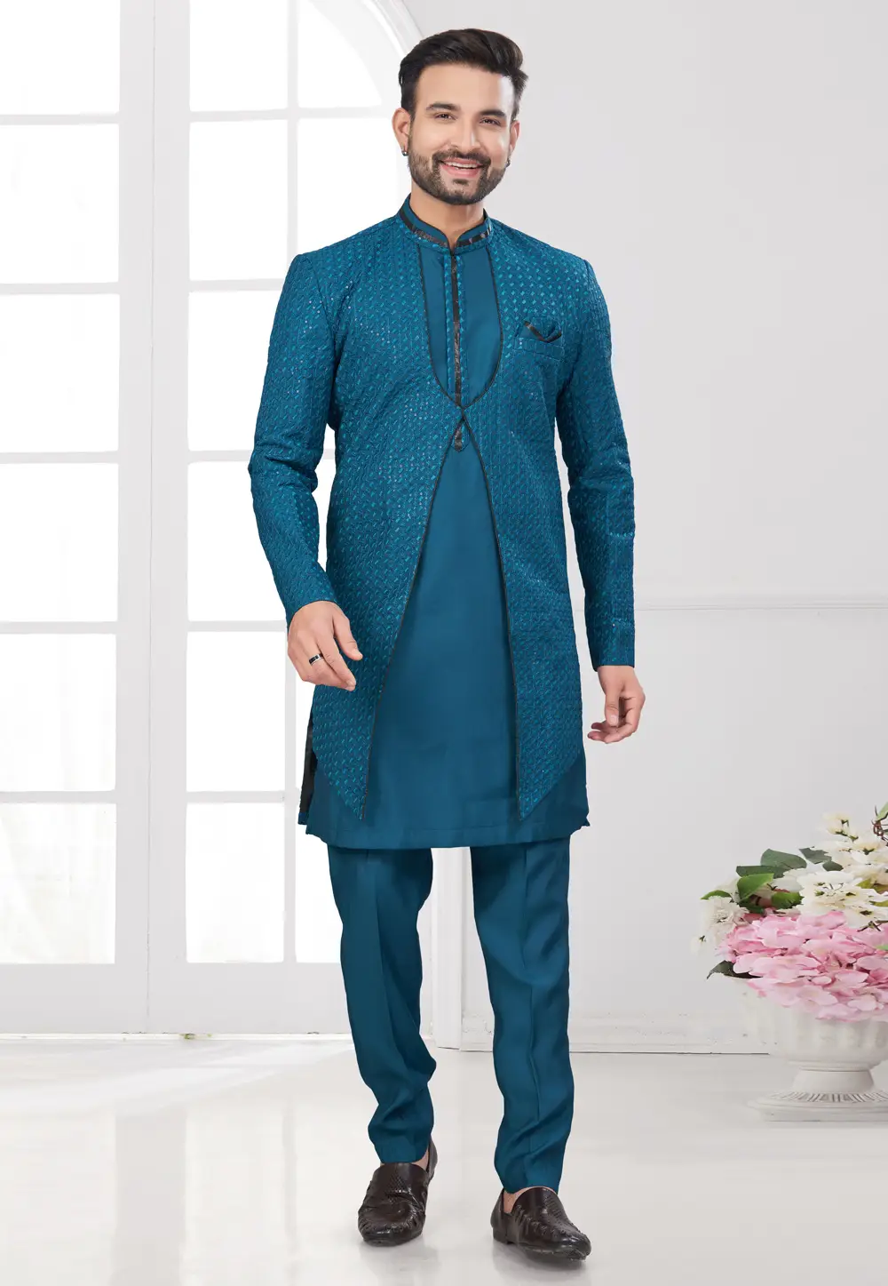 Teal Silk Indo Western Suit 295610