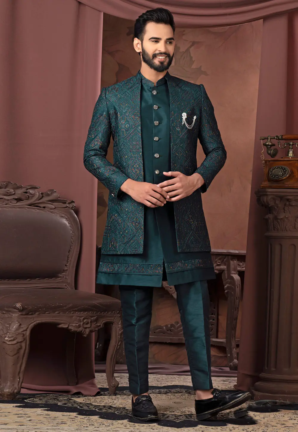 Teal Silk Jacket Style Sherwani 302438