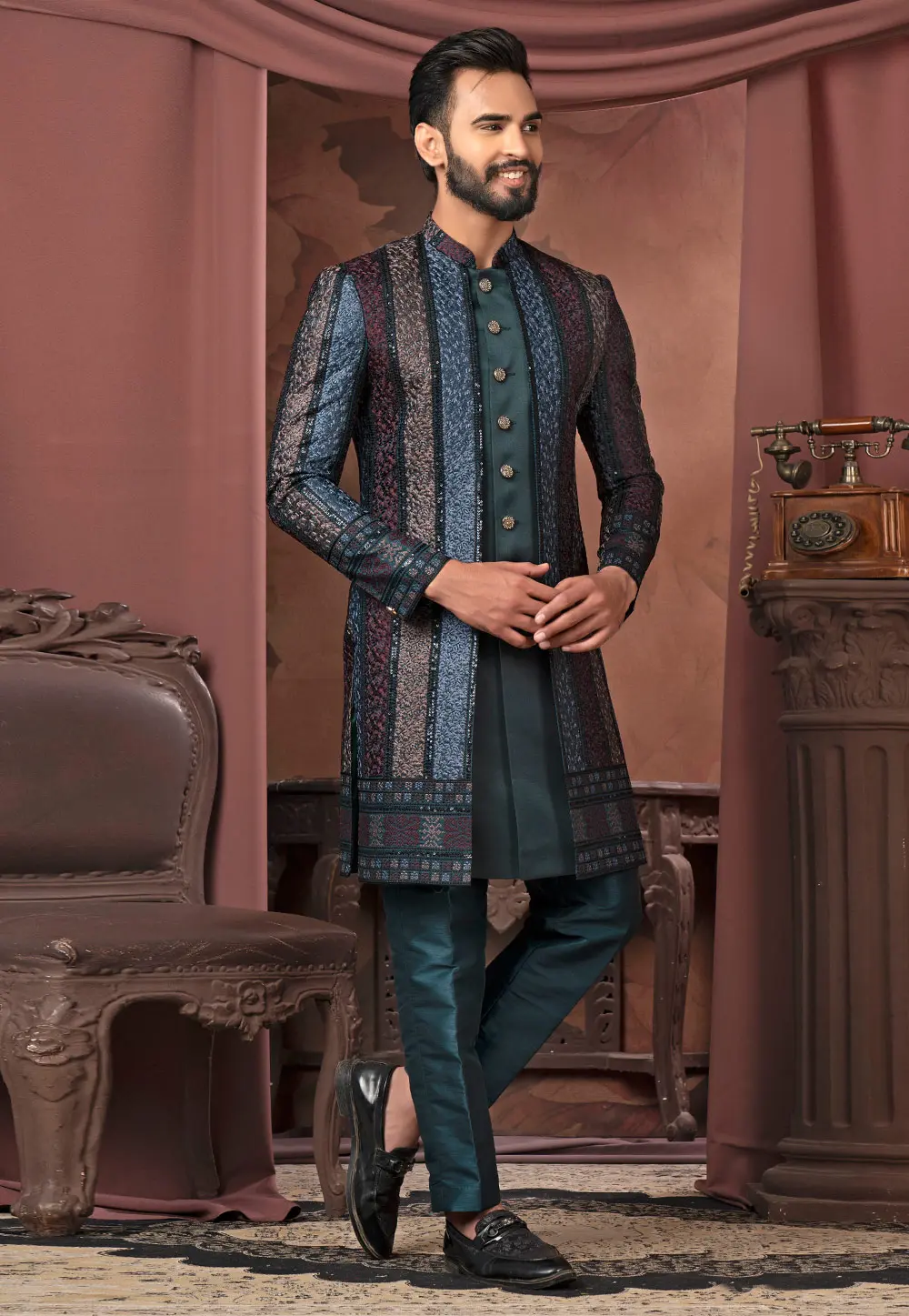 Teal Silk Jacket Style Sherwani 302468