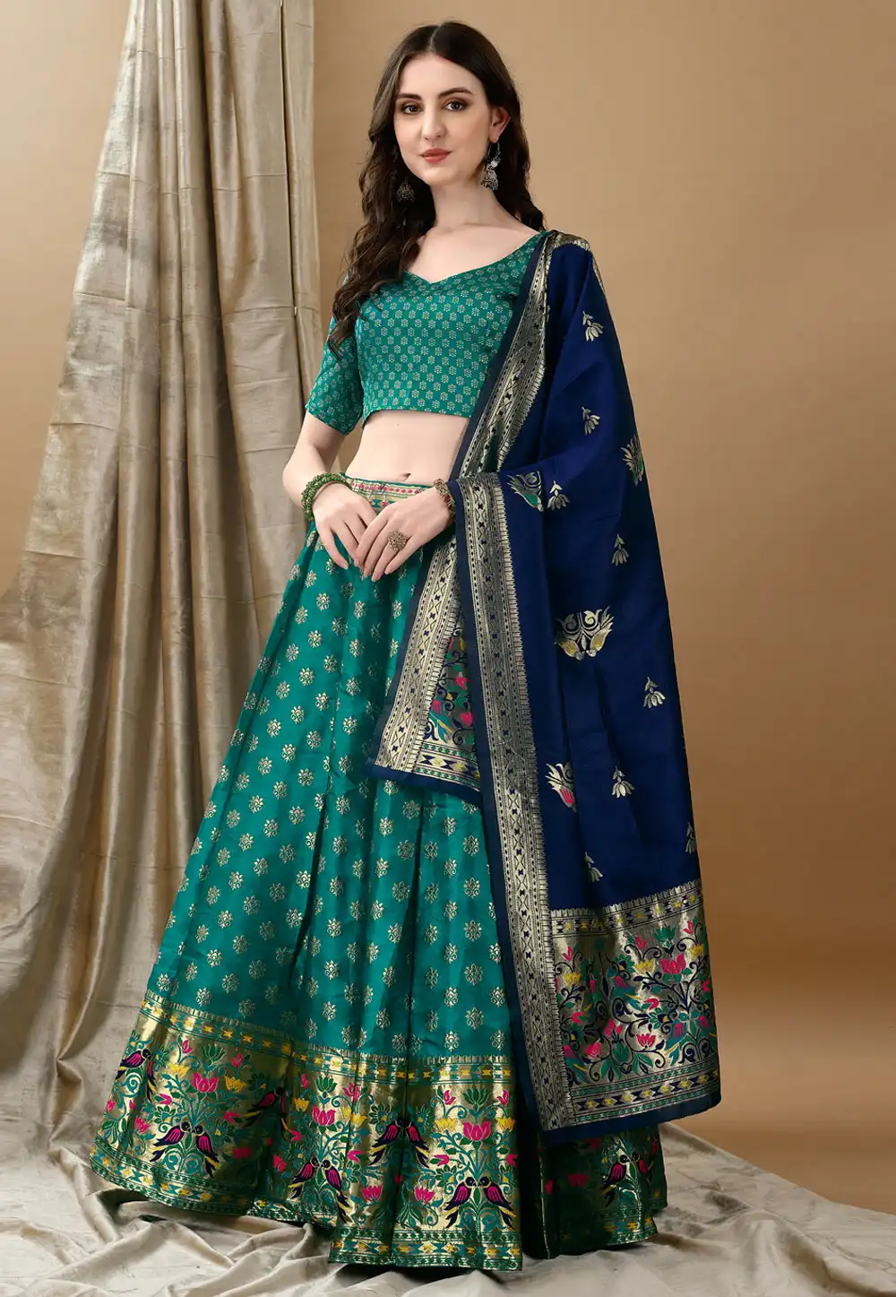 Teal Silk Jacquard A Line Lehenga Choli 290457