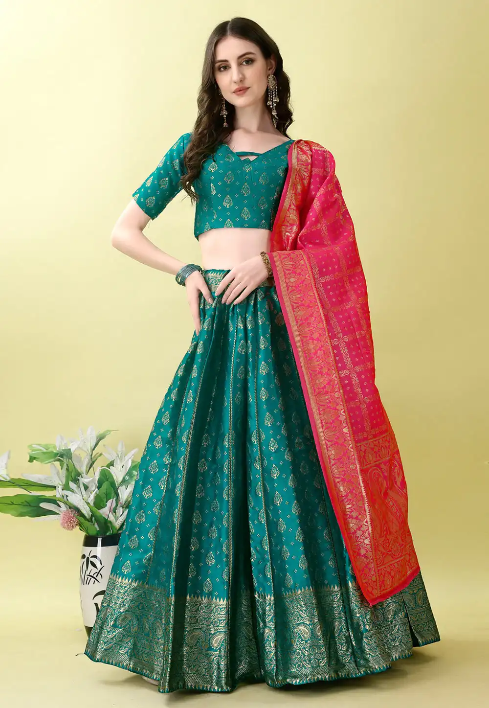 Teal Silk Jacquard A Line Lehenga Choli 290463