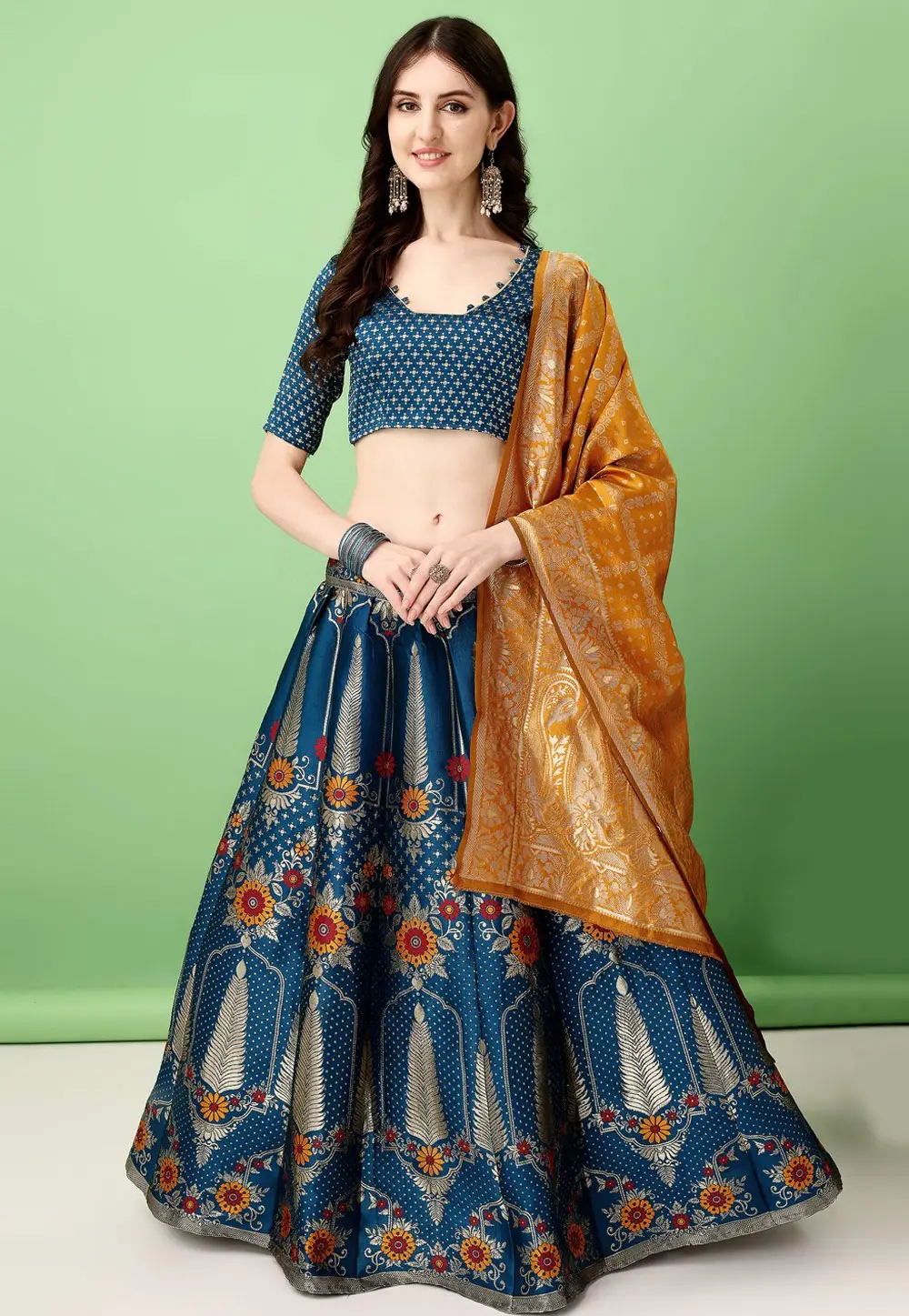 Teal Silk Jacquard Circular Lehenga Choli 297423