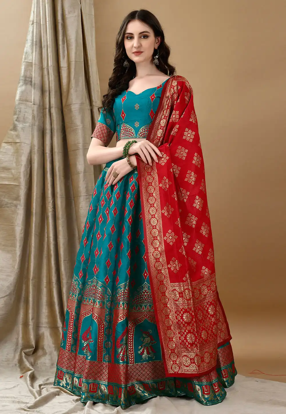 Teal Silk Jacquard Lehenga Choli 290454