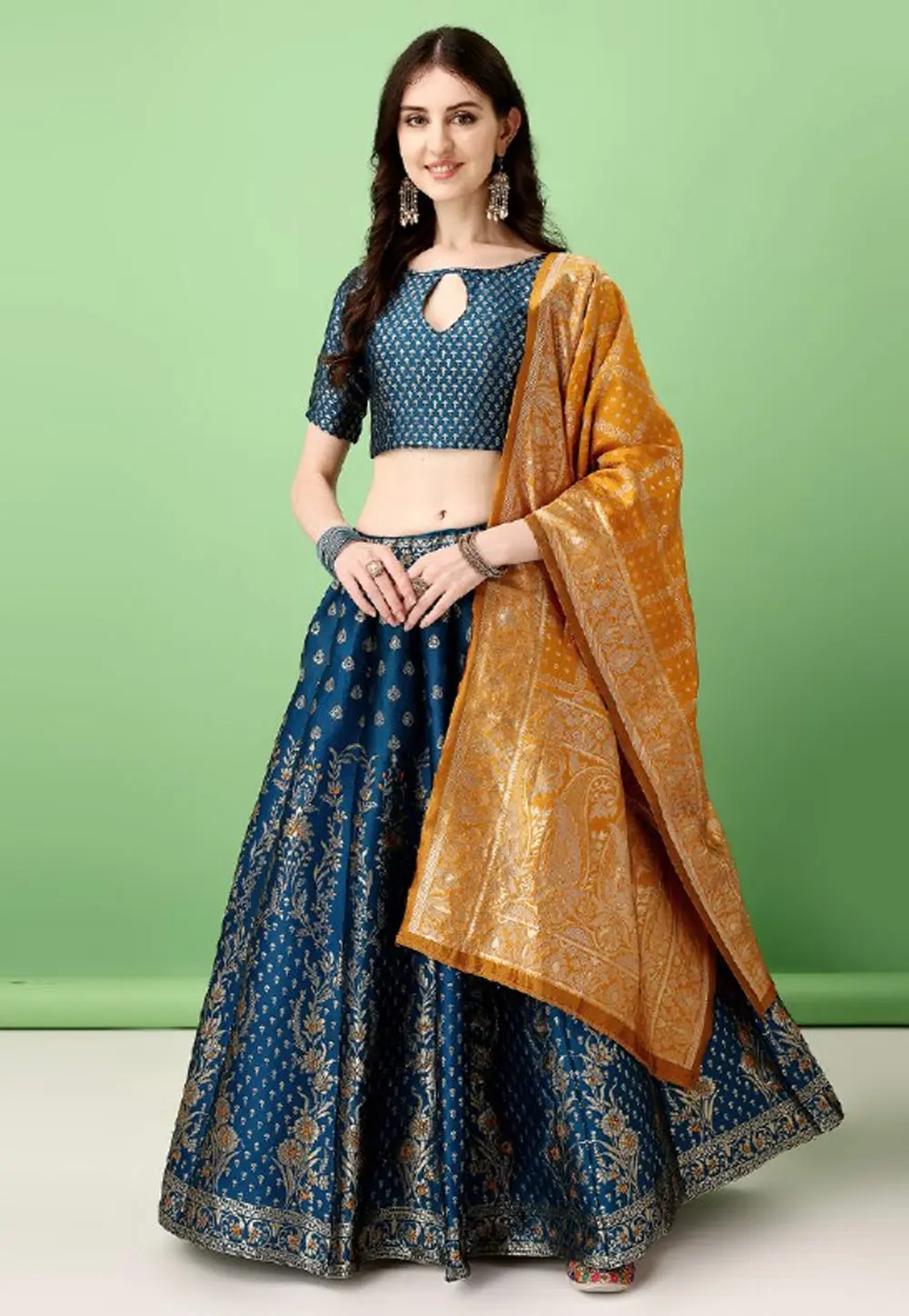 Teal Silk Jacquard Lehenga Choli 297426