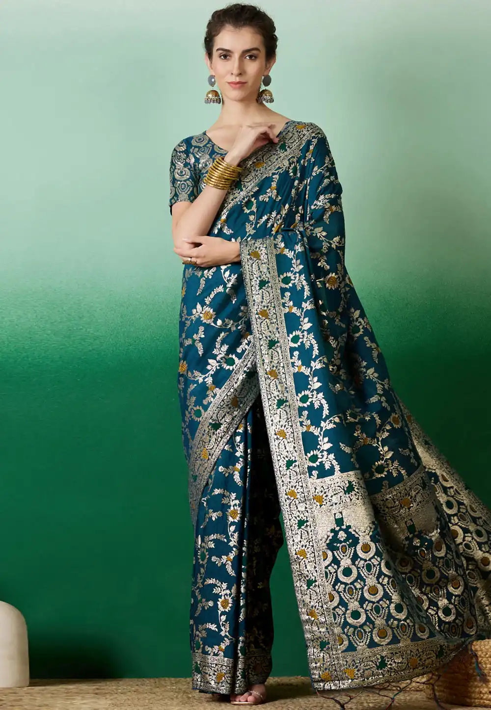 Teal Silk Jacquard Saree With Blouse 289592