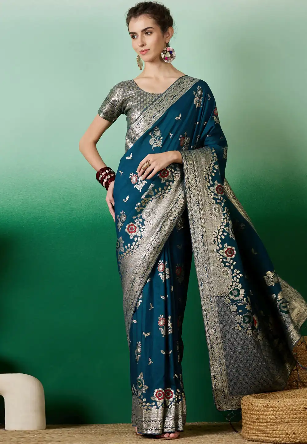 Teal Silk Jacquard Saree With Blouse 289607