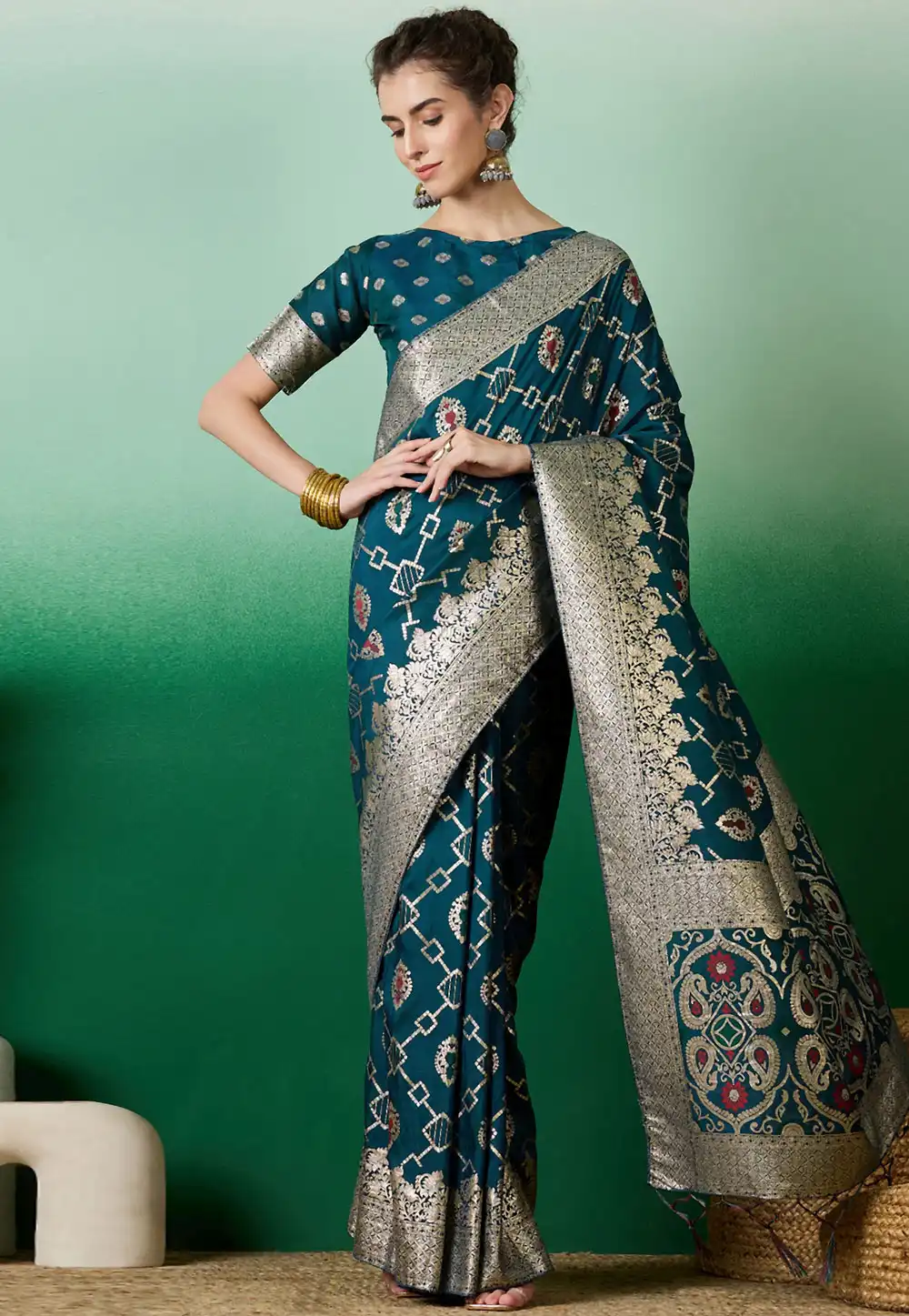 Teal Silk Jacquard Saree With Blouse 289612