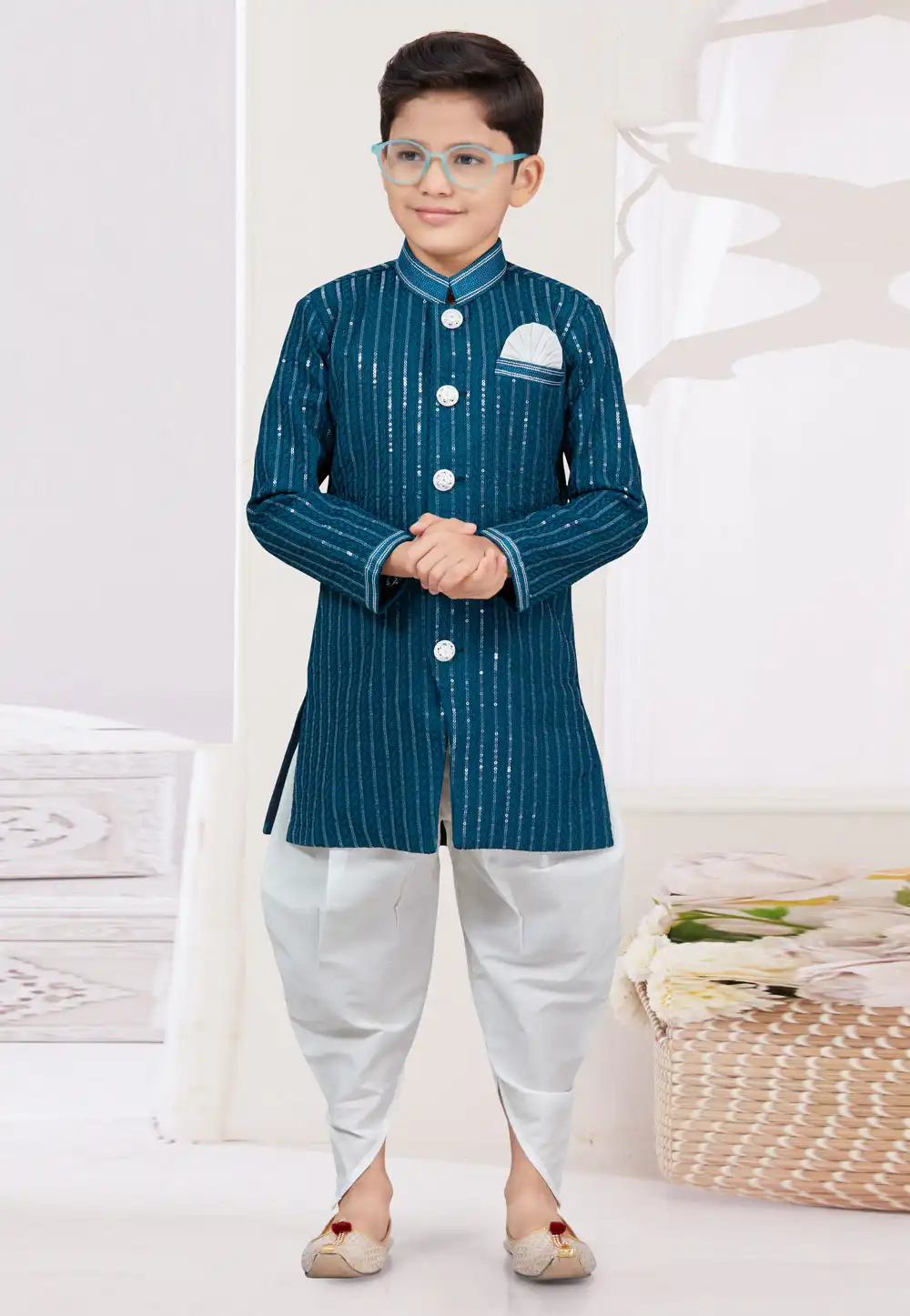 Teal Silk Kids Indo Western Sherwani 294949