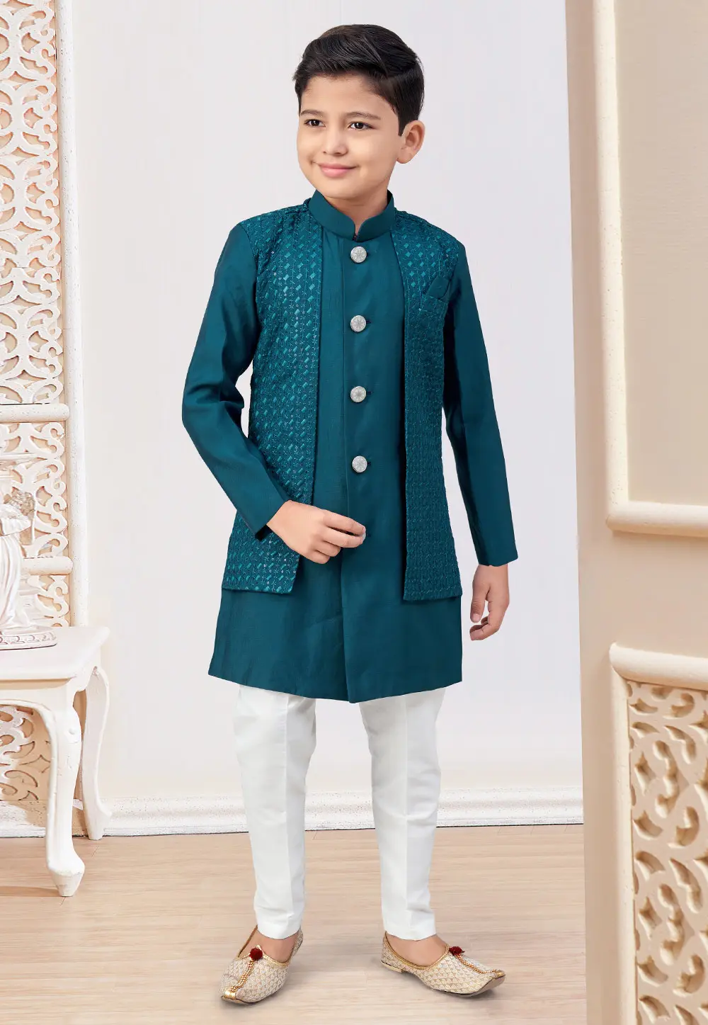 Teal Silk Kids Indo Western Suit 301321