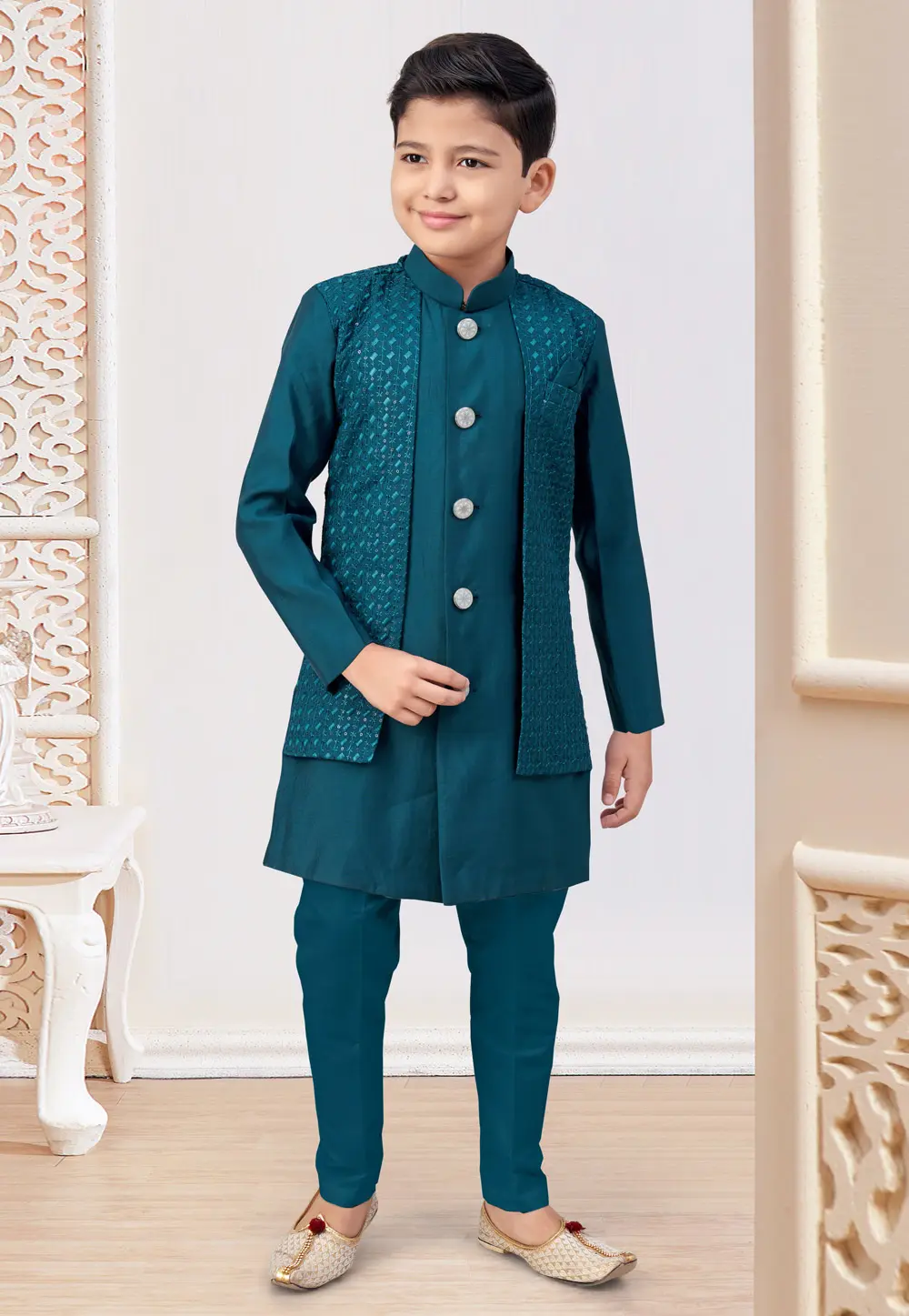 Teal Silk Kids Indo Western Suit 303800