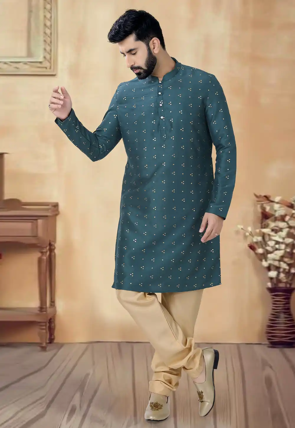 Teal Silk Kurta Pajama 292377