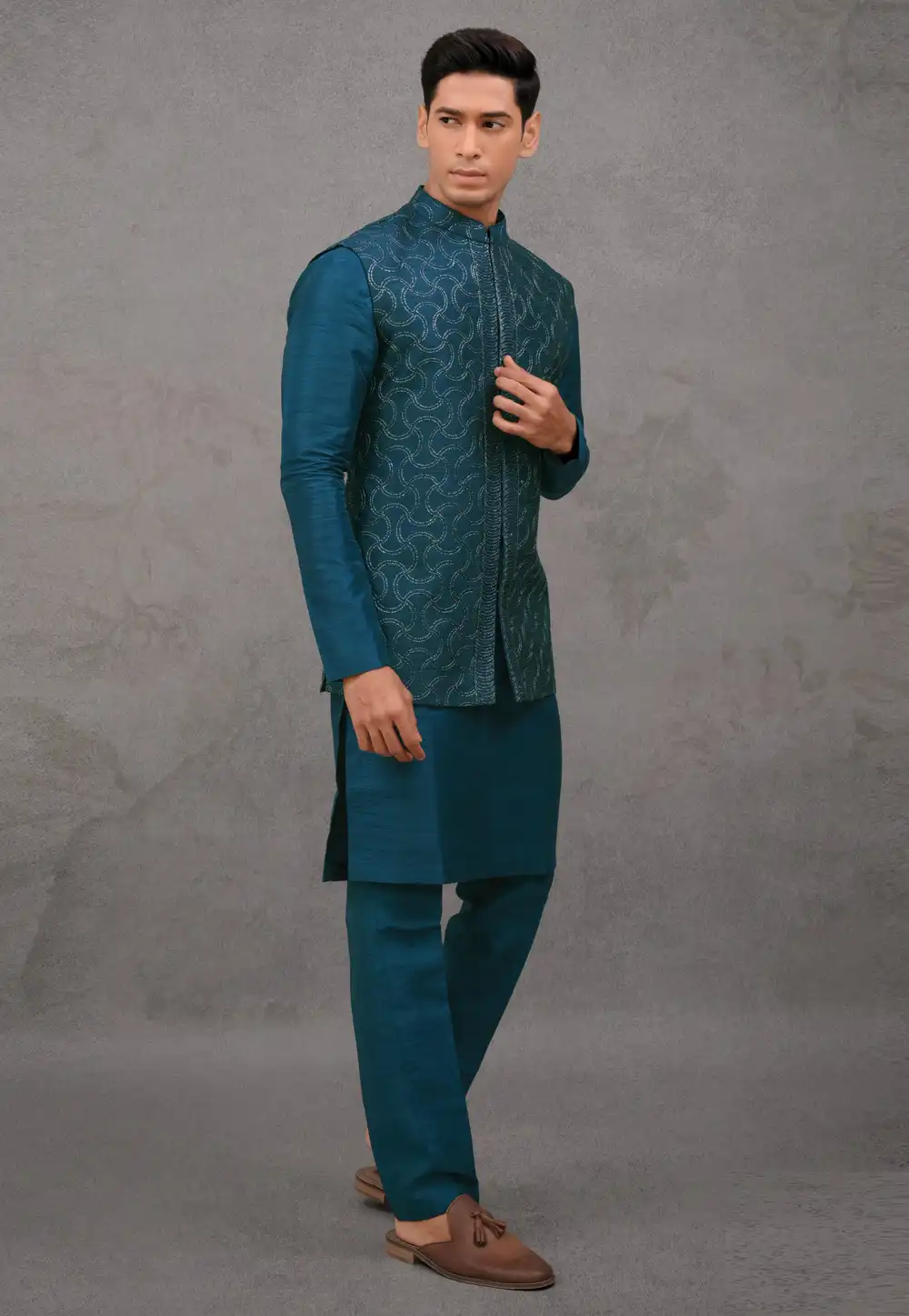 Teal Silk Kurta Pajama With Jacket 293929