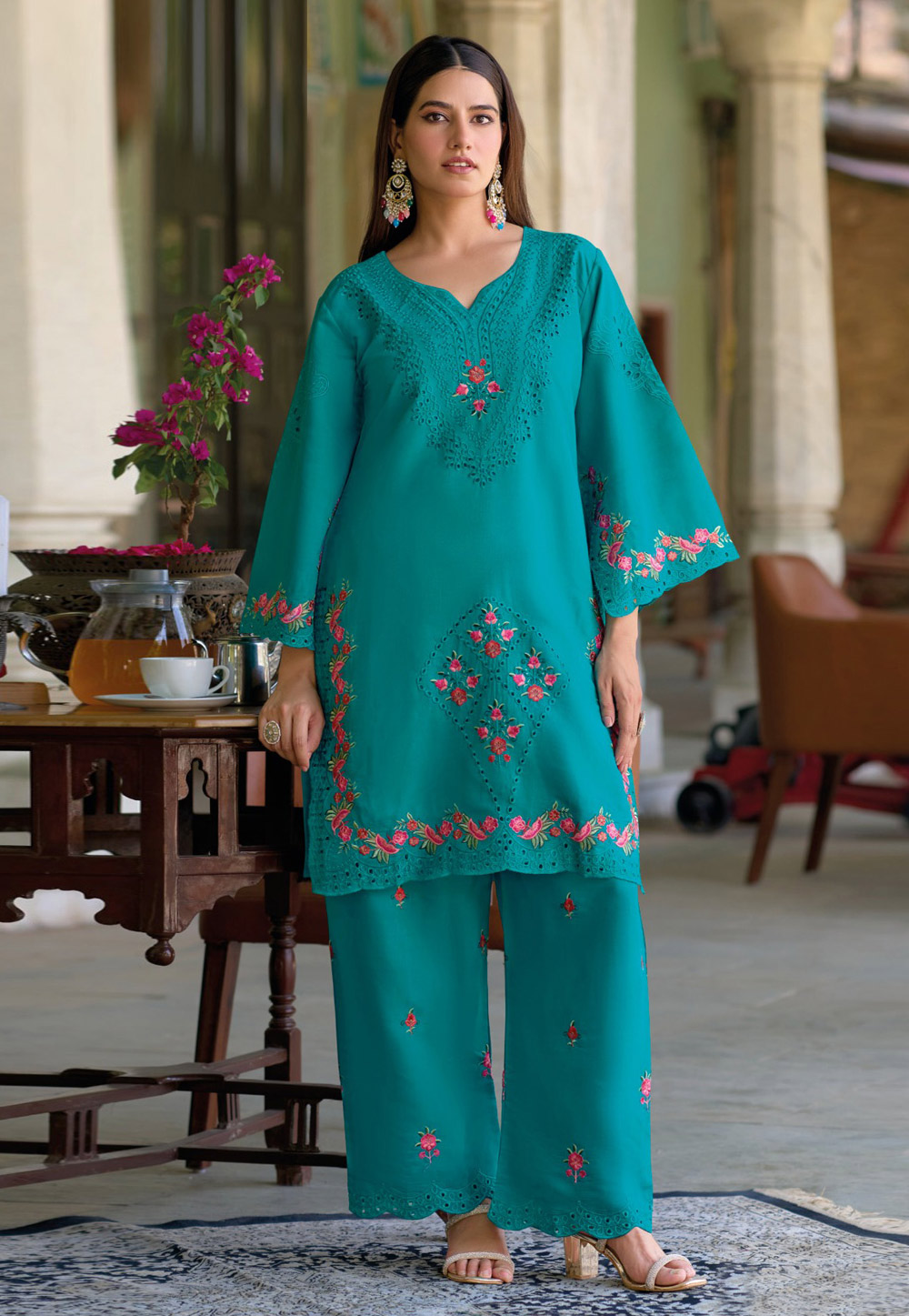 Teal Silk Kurta Set With Palazzo 309578