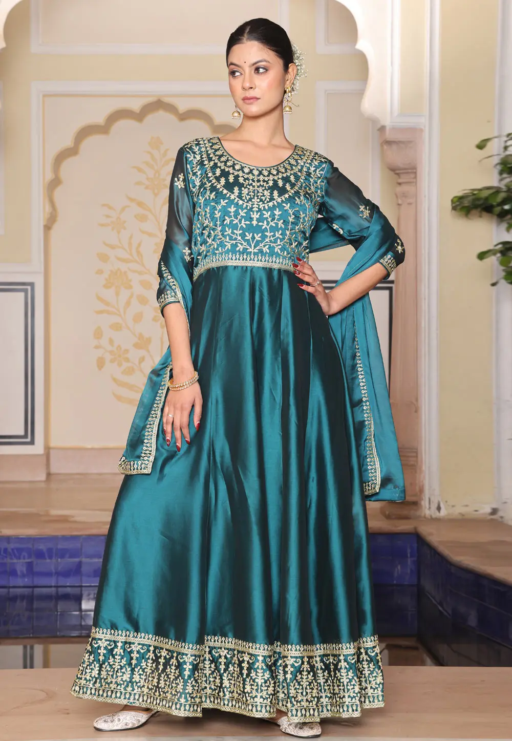 Teal Silk Long Anarkali Suit 304006