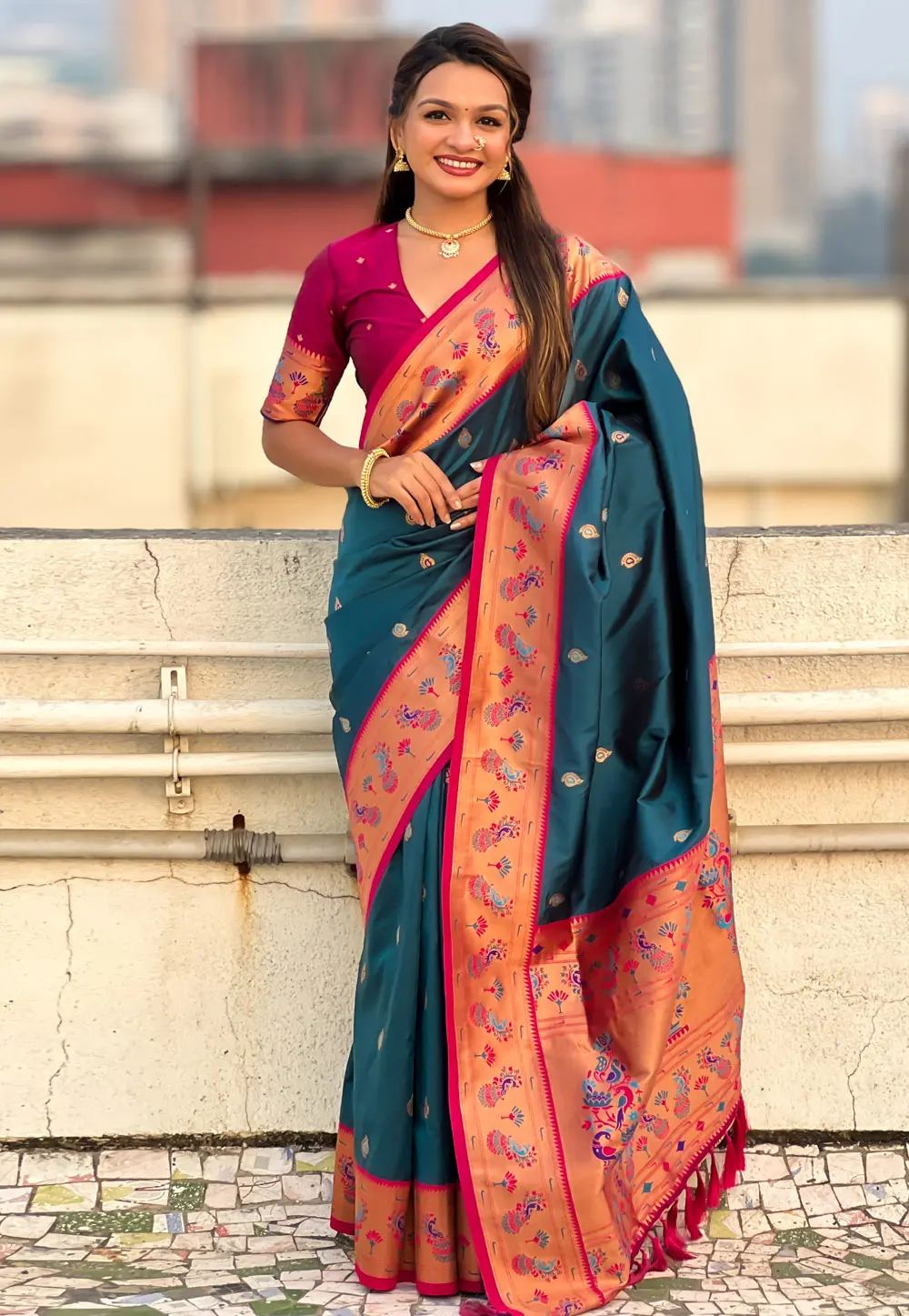 Teal Silk Paithani Saree 300083