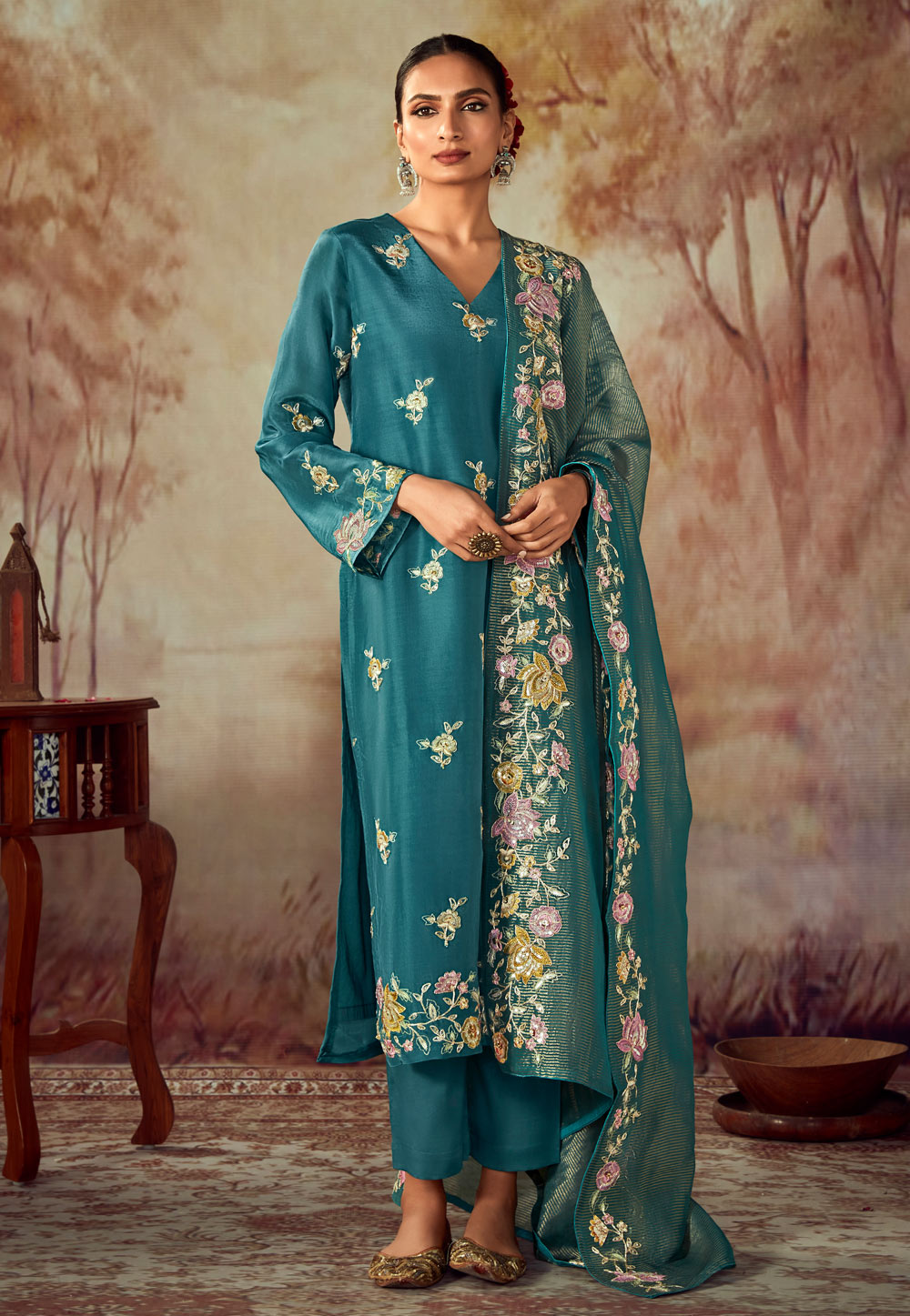 Teal Silk Pakistani Suit 283275