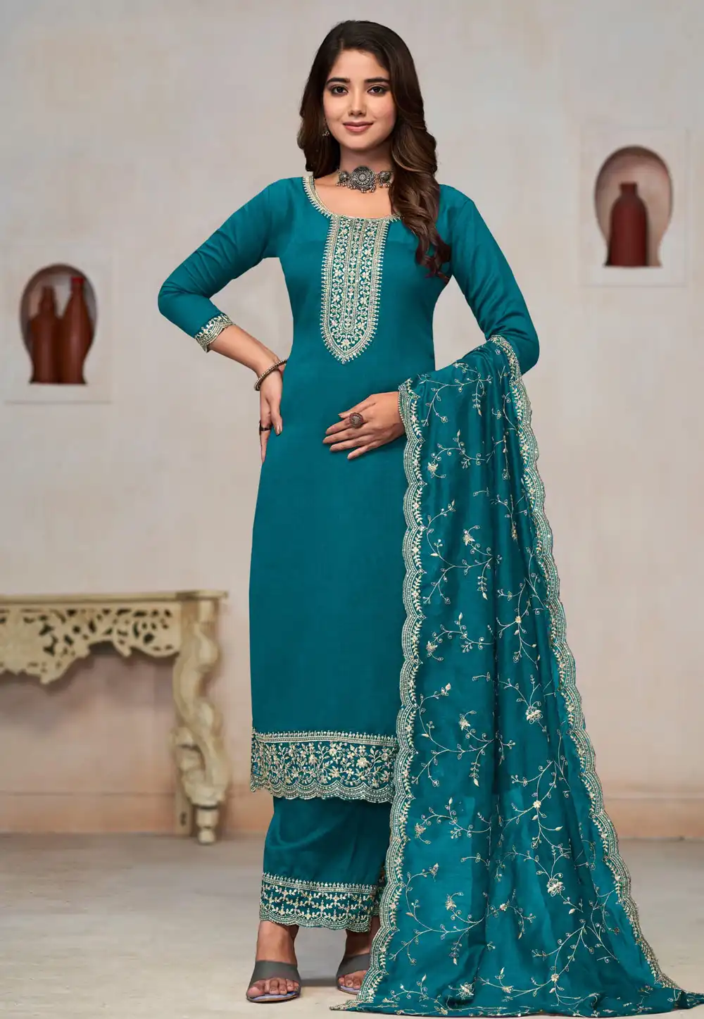 Teal Silk Pakistani Suit 290695