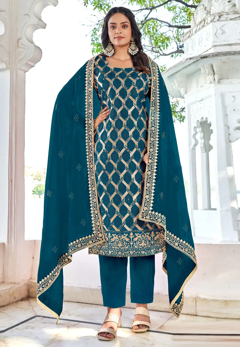 Teal Silk Pakistani Suit 291908