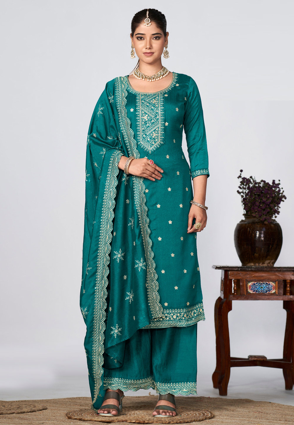 Teal Silk Pakistani Suit 285164