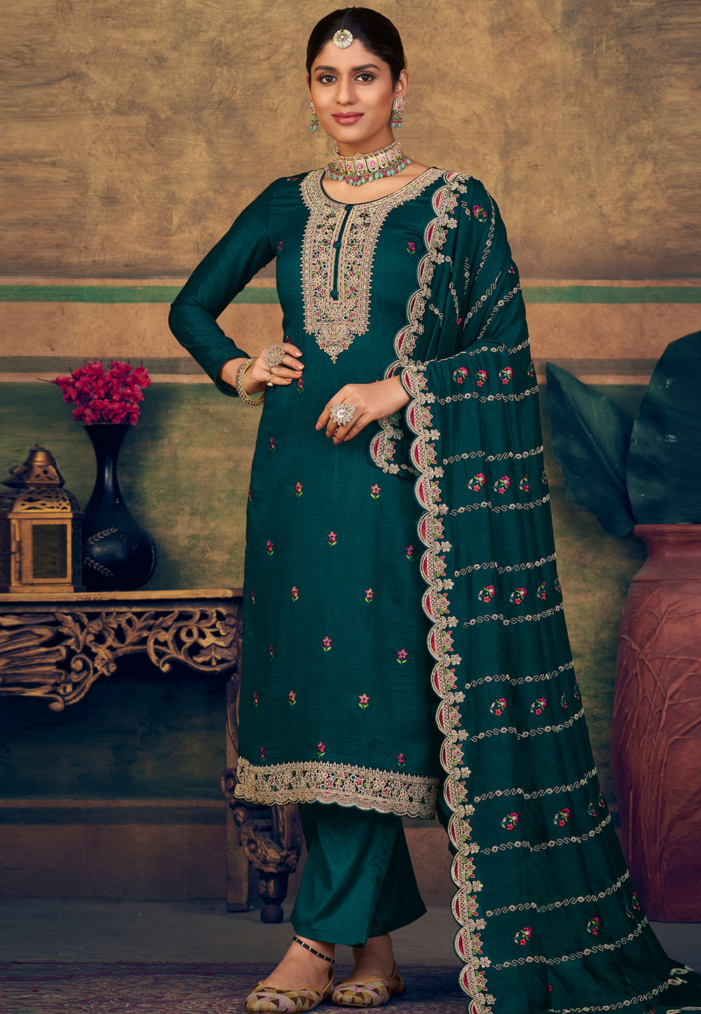 Teal Silk Pakistani Suit 310585
