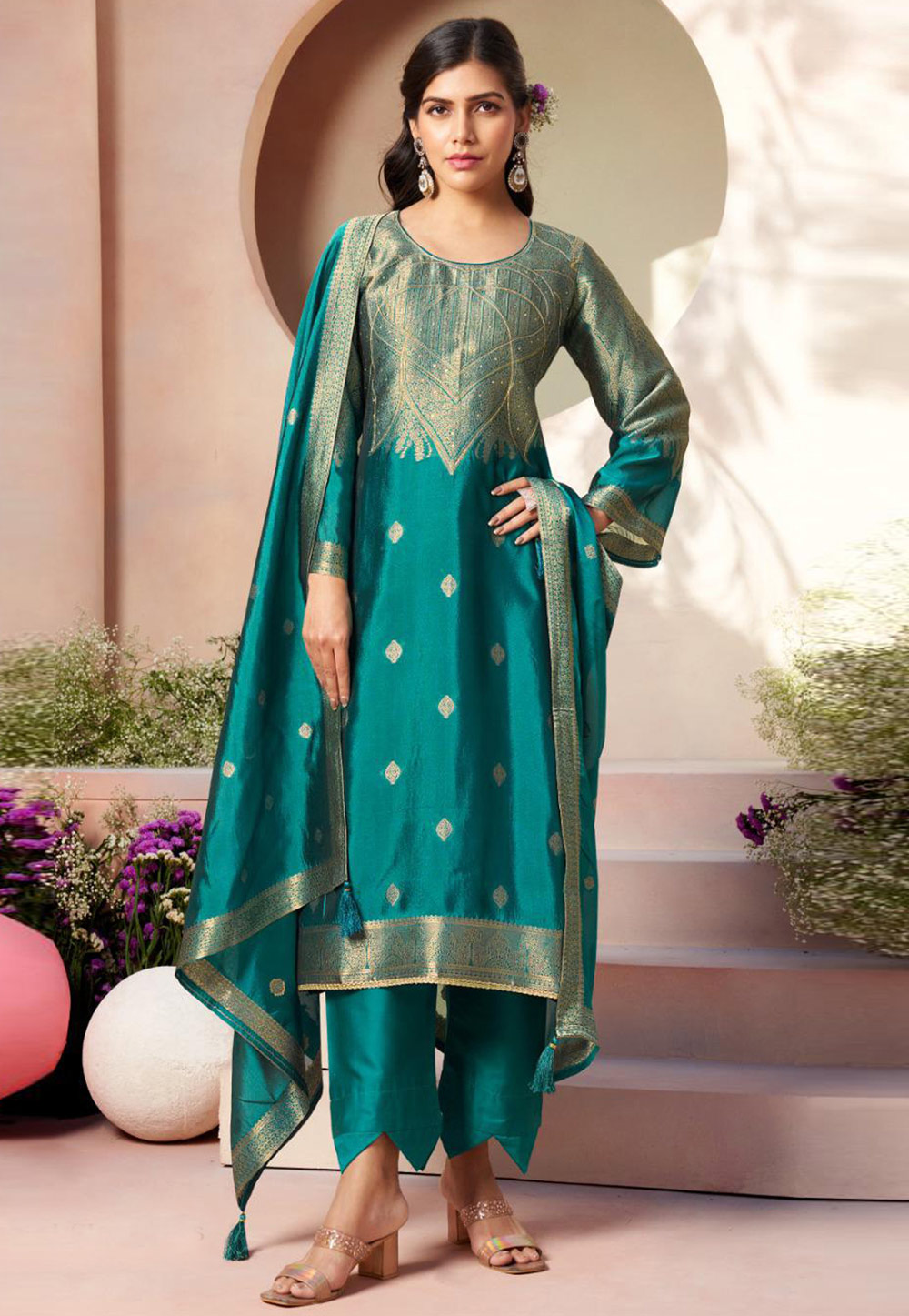 Teal Silk Pakistani Suit 309503