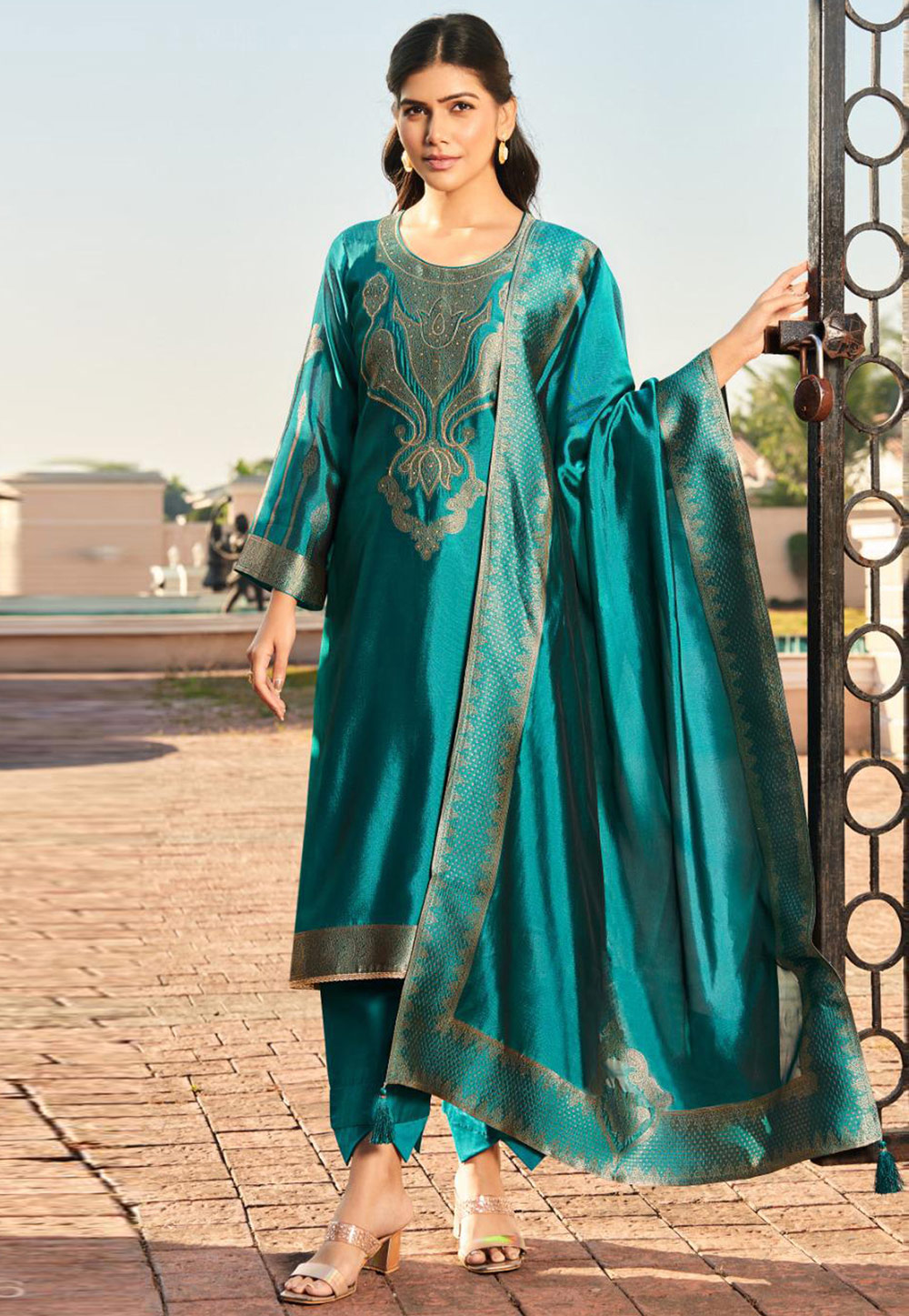 Teal Silk Pakistani Suit 309519